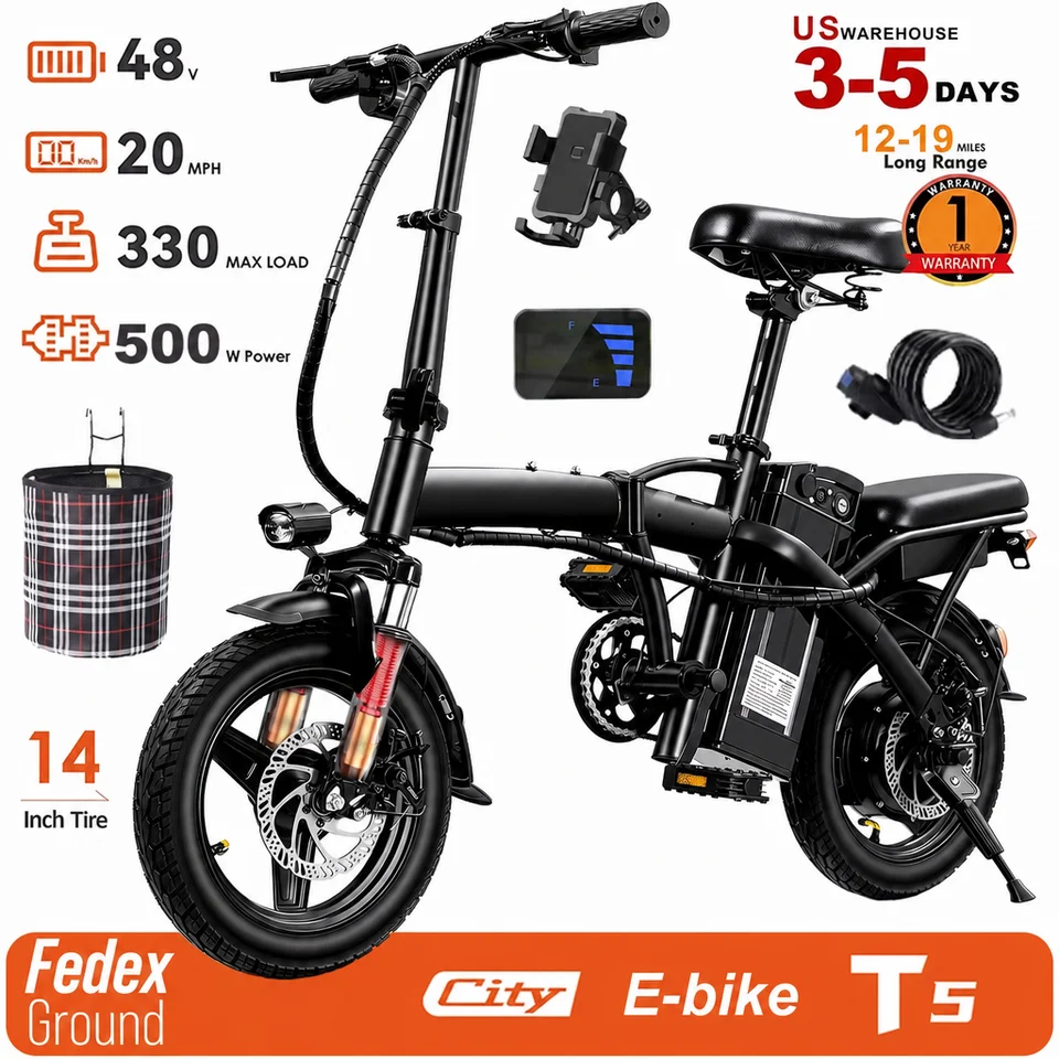 Adult Electric Bike,500W Motor,20MPH,48V Removable Battery,14inch Folding Electric Bike,1Year Warranty Ebike