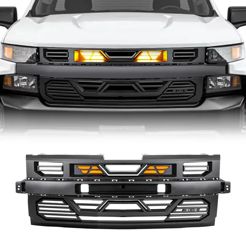 

Matte Black Front Armor Grille Bumper Grill with Emblem Hole & Amber LED Lights for 2019 2020 2021 Silverado 1500 WT