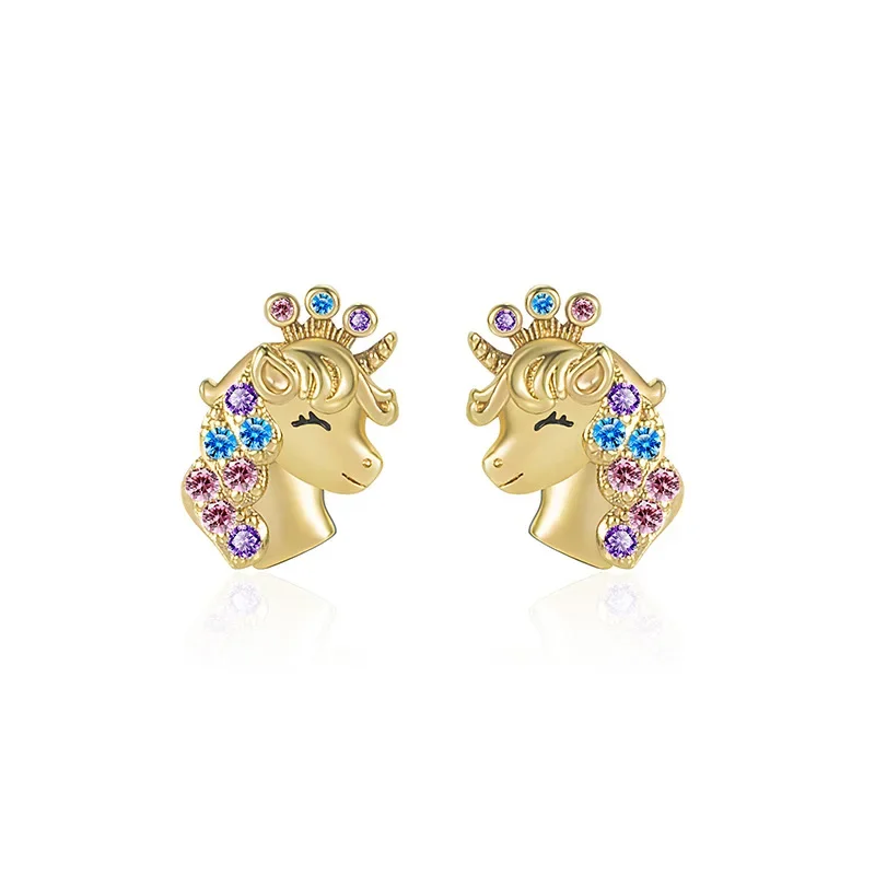 Xingyunday Cute Crown Unicorn Charms Stud Earrings for Kids Girls Colorful Zircon Ear Stud Child Silver Gold Color Jewelry Gifts