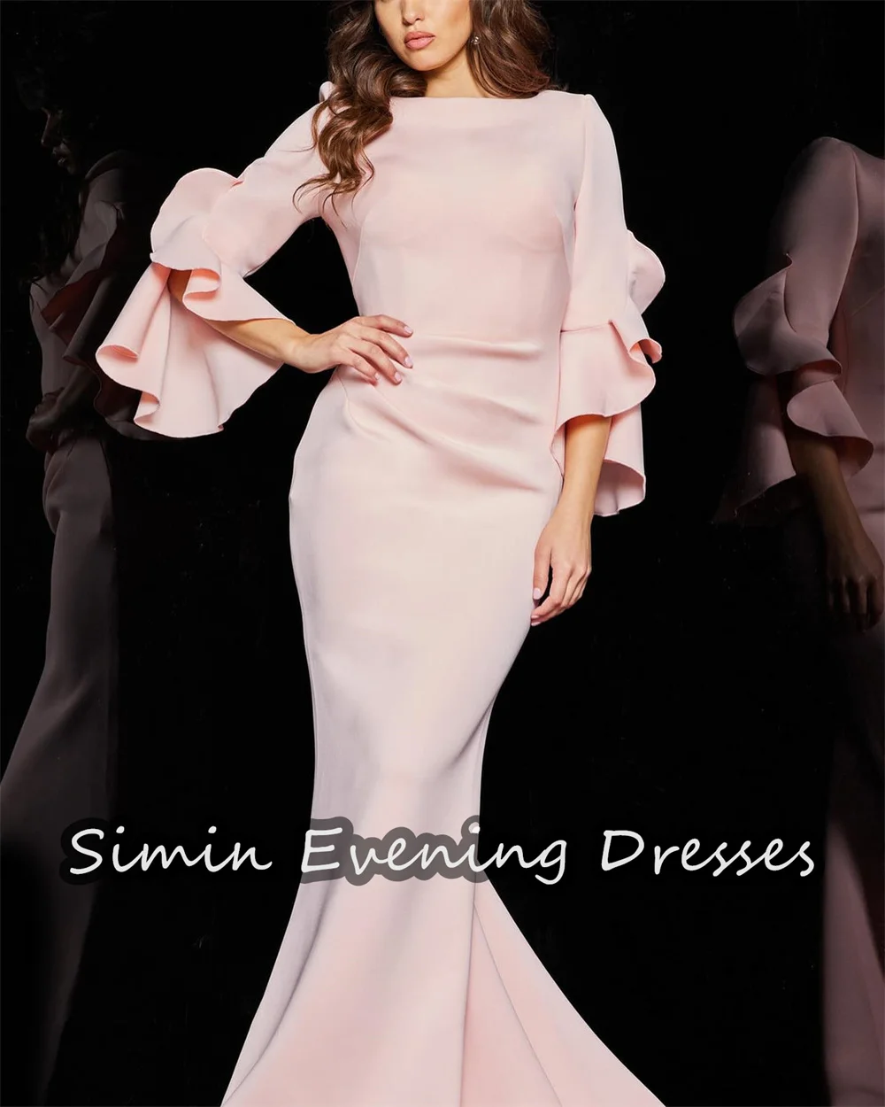 Simin Crepe Mermaid O-neck Pleats Simple Saudi Prom Gown Long Sleeves Floor-length Evening Elegant Party dresses for women 2024