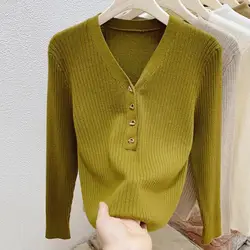 V-neck Knitted Bottoming Shirt Elegant V Neck Knitted Sweater for Women Slim Fit Long Sleeve Fall Blouse Soft Warm for Winter