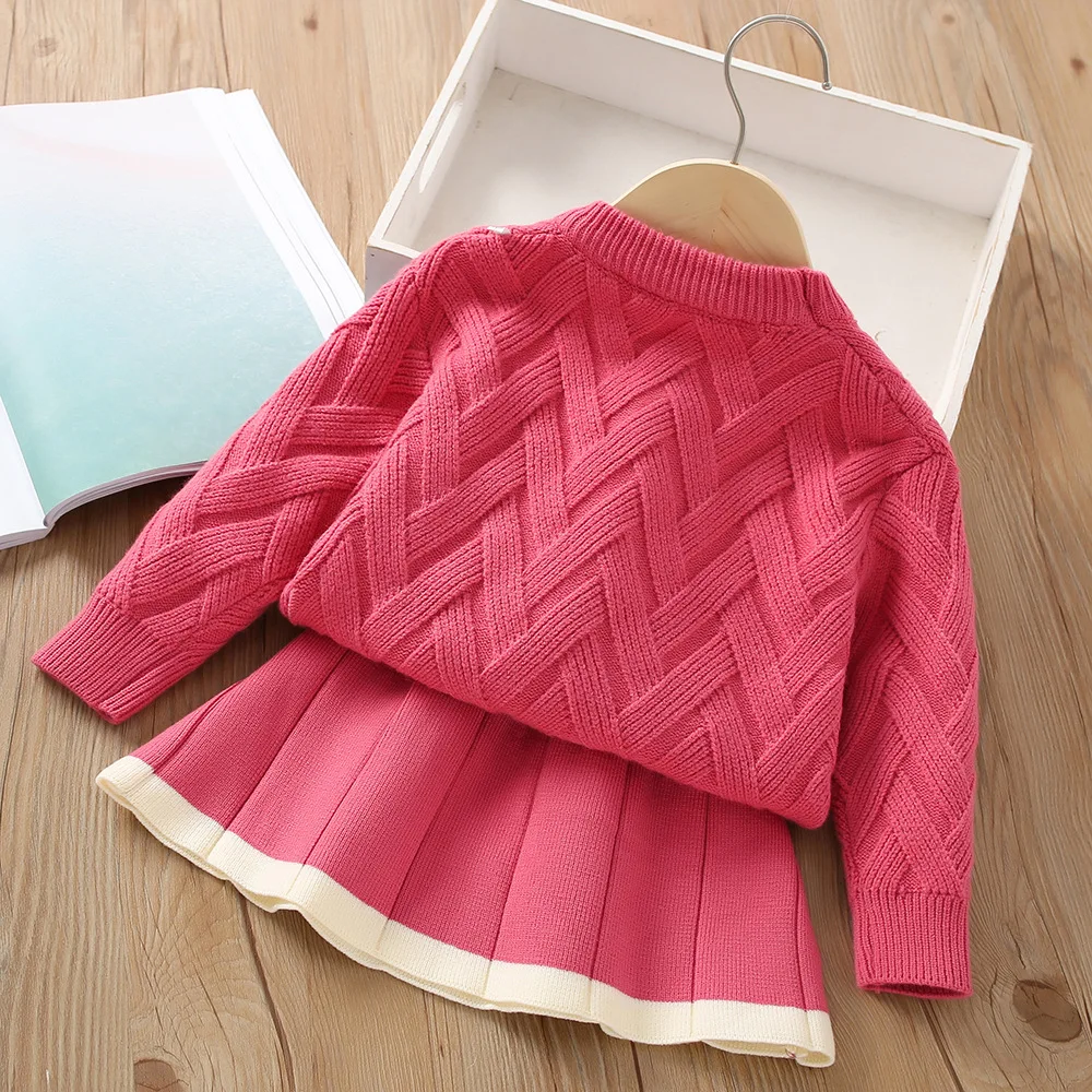 Herbst und Winter neue Mädchen Pullover Set koreanische kurze gestrickte kleine Duft zweiteilige Set Mädchen Baby Vintage Checker Strick-Set – Detail 11