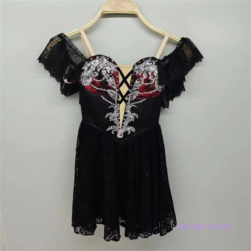 

Professional Custom Size Kids Girls Women Adult Ballet Dance Performance Wear Costumes Short Carmen Lace Lyrical Dress