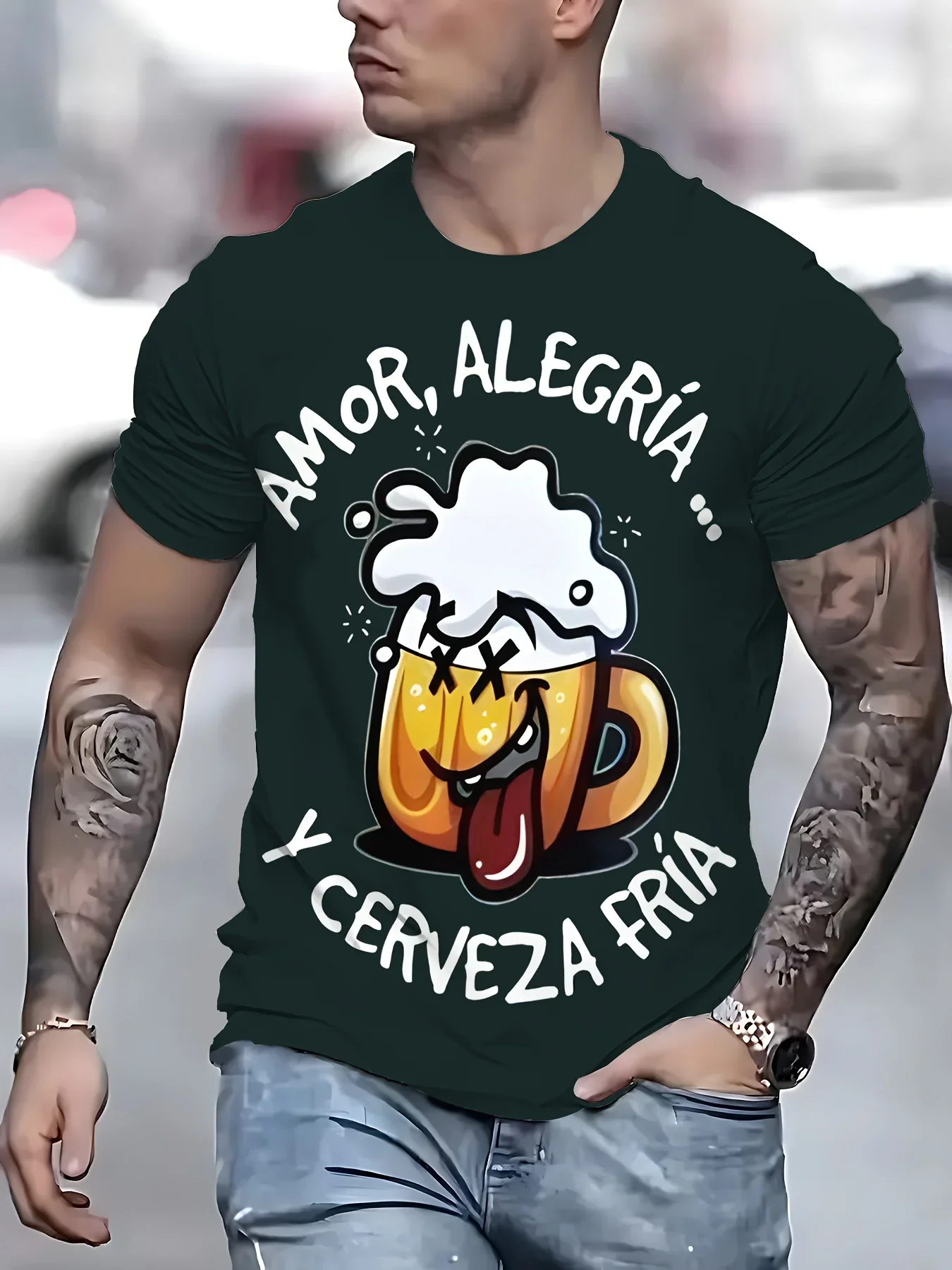 Lustiges Herren-T-Shirt mit Bier-Grafik, „Amor Alegría Y Cerveza Fría“-Aufdruck, lässiges T-Shirt mit Rundhalsausschnitt, Party-Stil, Sommer-Kurzarm-Tops