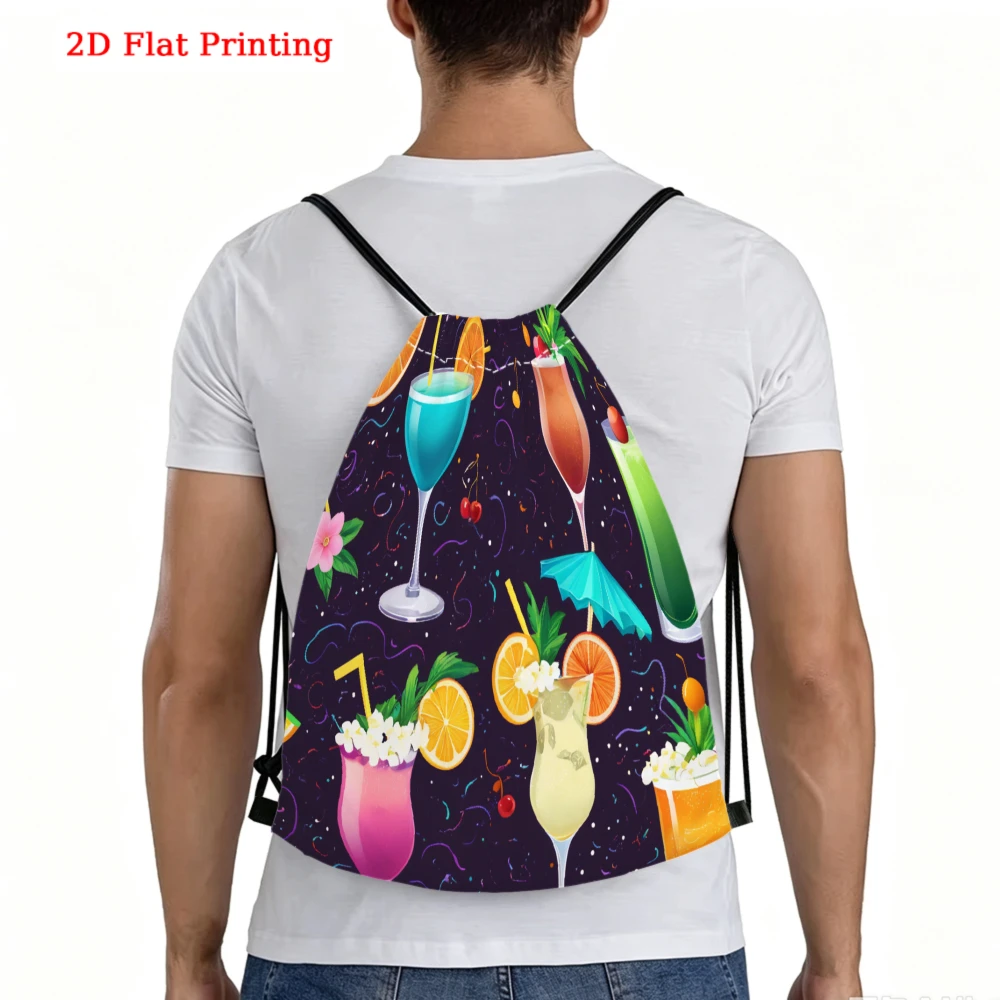 Tropical Cocktail Print Drawstring Backpack, 2D Flat Printed Colorful Drinks, Gym Sports Bag, Outdoor Travel