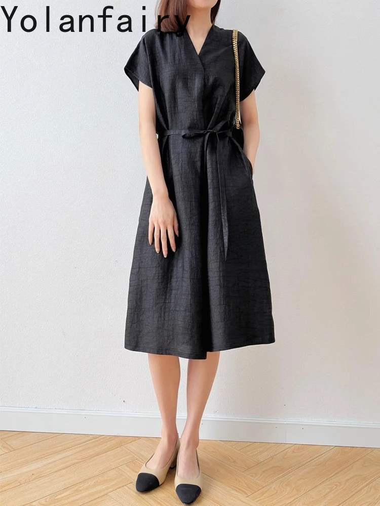 YOLANFAIRY High-end Gauze Silk Summer Dresses 2025 Woman Loose V-neck 100% Mulberry Silk Black Dress Lace-up vestidos para mujer