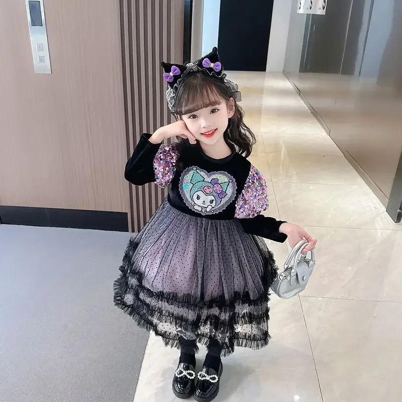 Kawaii Sanrios Kuromi Spring Fall Girl Cute Cartoon Lolita Dress Birthday Party Role Play Cartoon Princess Dress Kids Dress Gift