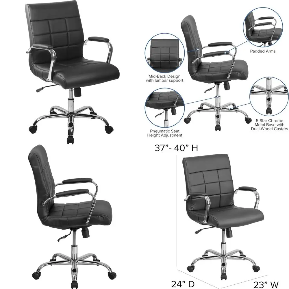

Mid-Back Swivel Vinyl Desk Chair with Padded Seat, Armrests, and Adjustable Height Office Chair