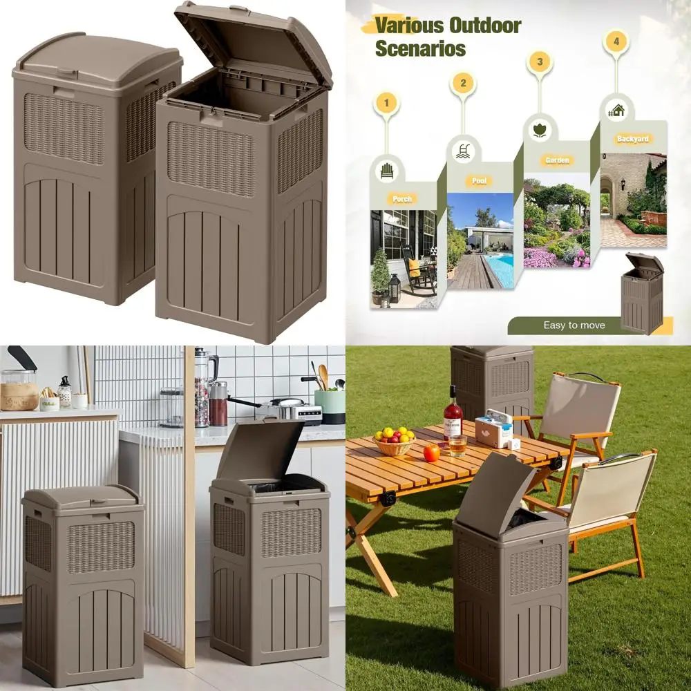 

Heavy-Duty 33 Gallon Dual-Lid Outdoor Trash Bin, Waterproof Resin for Patio, Pool, Backyard, Deck (2, Brown)