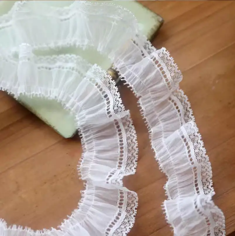 2 metros de alta calidad blanco bordado malla encaje prenda encaje plisado adornos DIY accesorios de costura 4cm de ancho