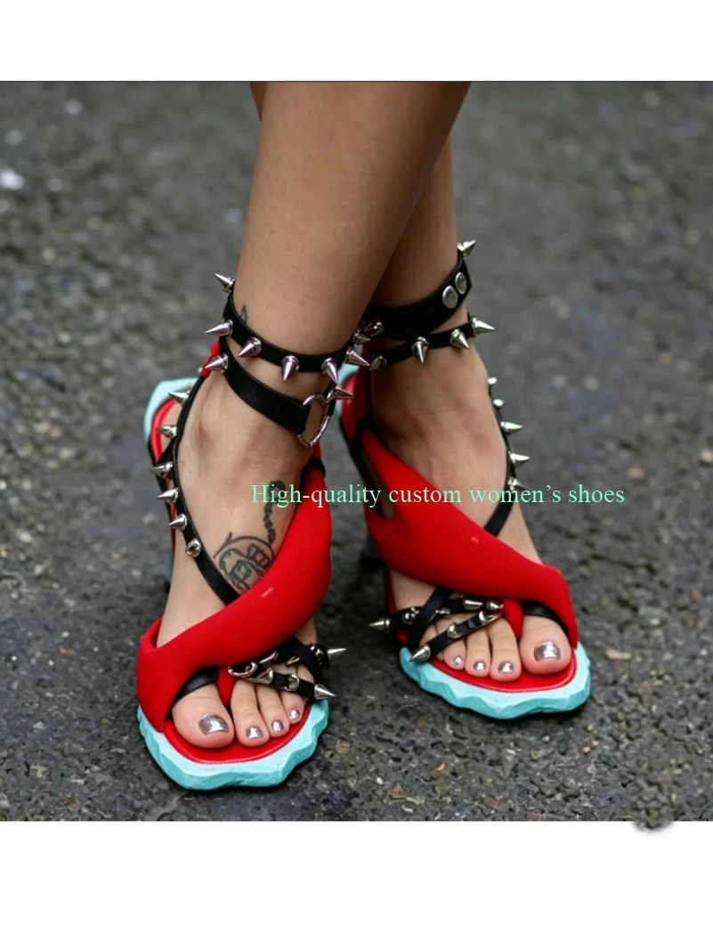 Red And Blue Color-Block Style Irregular Sole Sandals Riveted Decorate Ankle Entwining Binding Stiletto Heels Runway Shoes