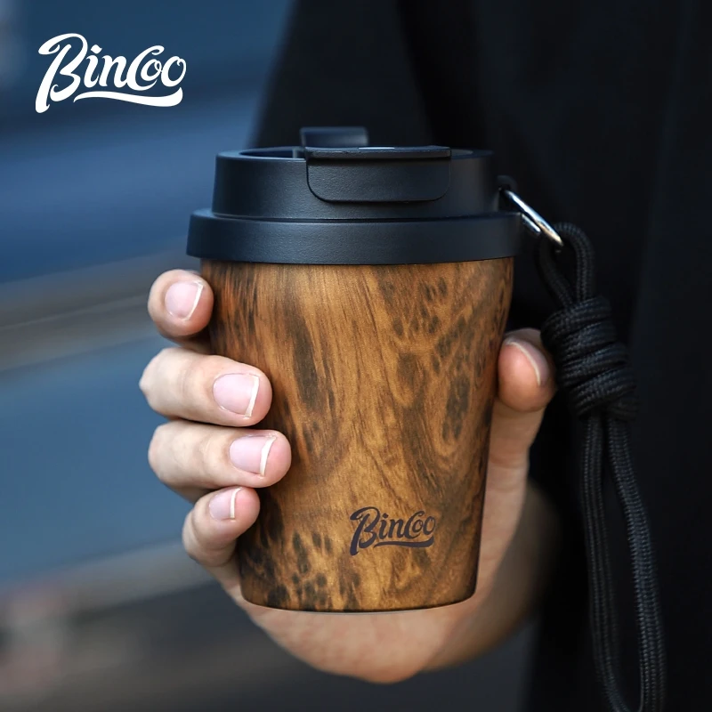 BINCOO Wood-grain Inner-coated Ceramic Coffee Cup Stainless Steel Thermos Cup Portable for Outdoor Car Use 280ML/500ML