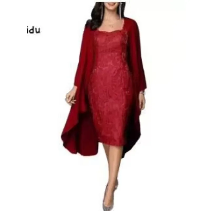 Vestido ajustado de Color liso de dos piezas para mujer, nuevo vestido largo de gasa de encaje, conjunto de ropa de moda de verano