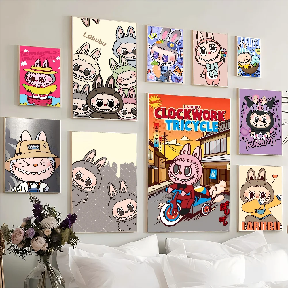 Cartoon L-Labubu Vintage Posters Sticky Retro Kraft Paper Sticker DIY Room Bar Cafe Kawaii Room Decor