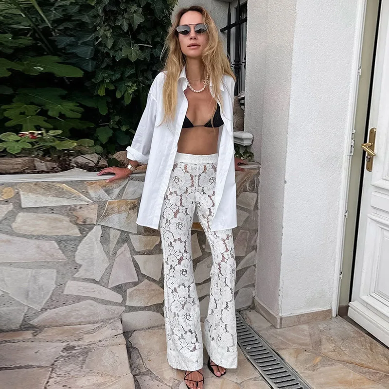 DGLUKE White Lace Pants For Women Sexy Transparent Flared Pants Fashion High Waist Summer Beach Long Pants