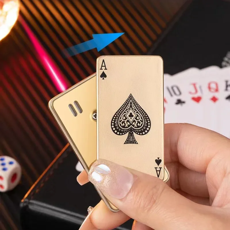 Metal Red Flame Playing Card Unusual Torch Turbine Butane Gas Lighter Creative Windproof Outdoor Lighter Personalized Men's Gift