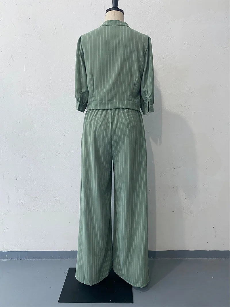 2024 summer new women's fashion striped mid-sleeve top pant suit