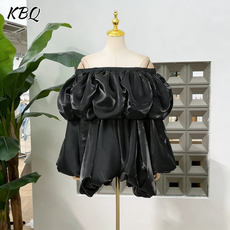 

KBQ Solid Loose Spliced Folds Chic Shirts for Women Slash Neck Long Sleeve French Temperament Shirt Female Summer Fashion New