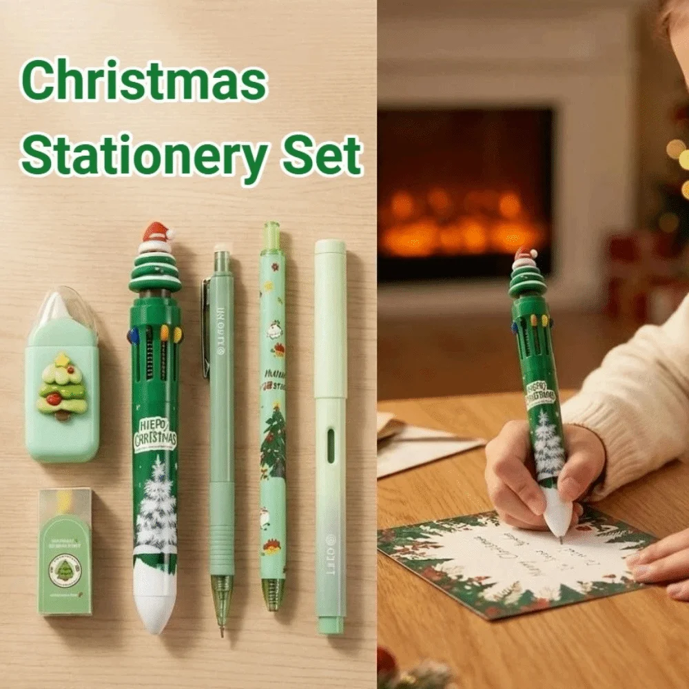 6Pcs/Set Cartoon Christmas Stationery Set Highlighter Pen 10-color Ballpoint Pen Student Tools Gift Kit Correction Tape Gel Pen