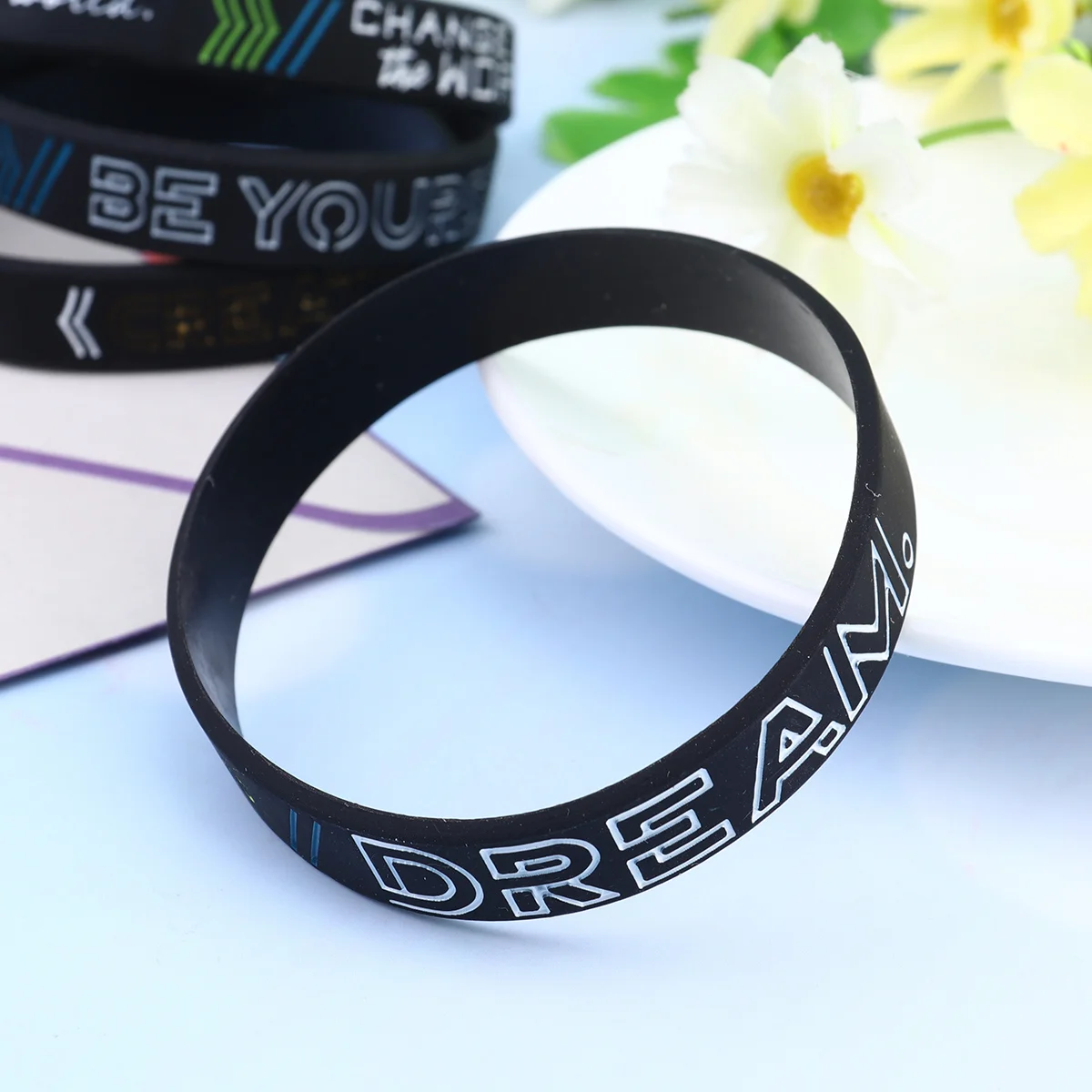 4 Pcs Wrist Bands Elastic Inspirational Bangle Silicone Bracelet Wristband Black Motivational Man