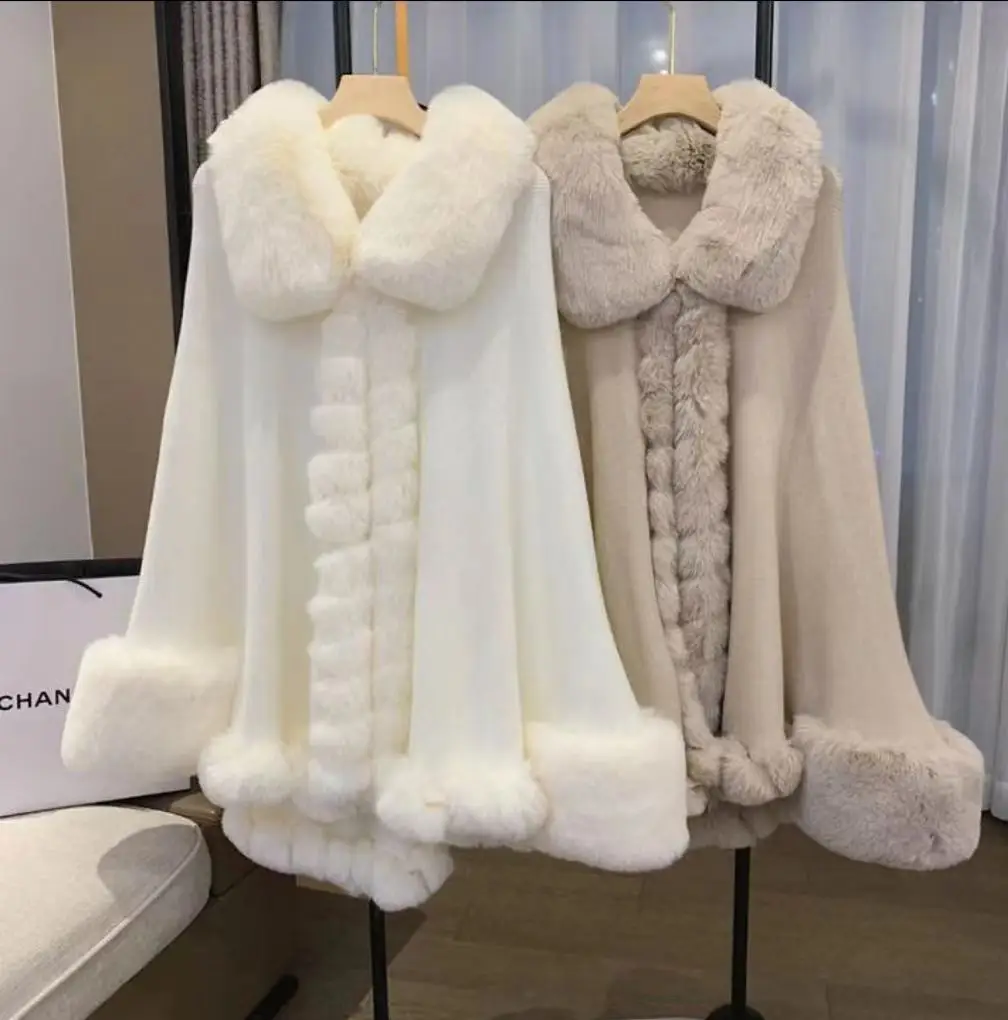 

4 Colors Women Cardigan Mantle Loose Poncho Cape Winter Streetwear Coat With Batwing Sleeves Warm Big Faux Fox Fur Neck Cloak