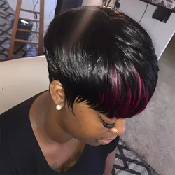 Short Pixie Cut Wig For Black Women 1B Red Color Straight Bob Layered Human Hair With Bang Hair Wig Full Machine Made Wig