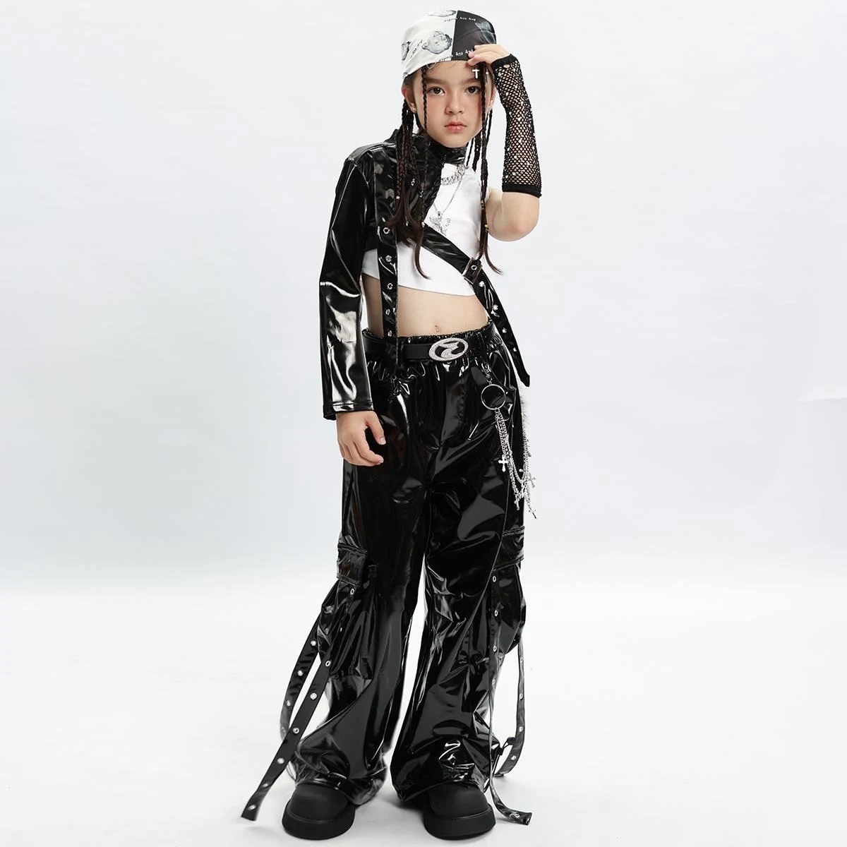 Dziecięcy strój sceniczny Kpop Kids Cool Hip Hop Clothing Girls Black Leather Top Pants Jazz Dance Costume StreeT Wear XS8985