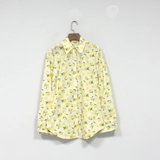 Withered Summer Style Simple Lemon Print Lapel Long Sleeved Shirt For Women Clothes Shirts & Blouses Women's Clothes Shirts Tops