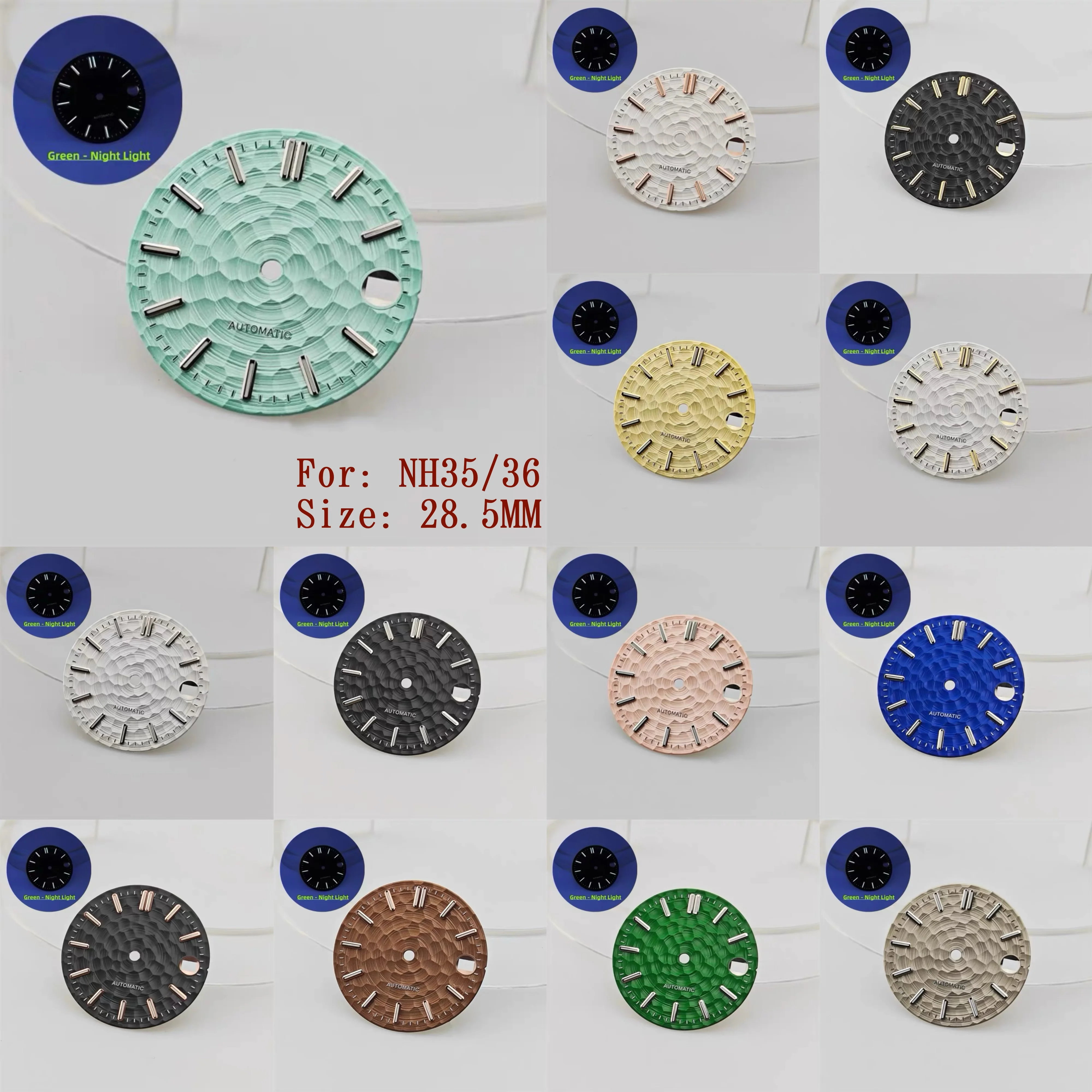28.5MM Hammer Texture Watch Dial Compatible with NH35 NH36 Movement Green Luminous Date Window DIY Mod Parts