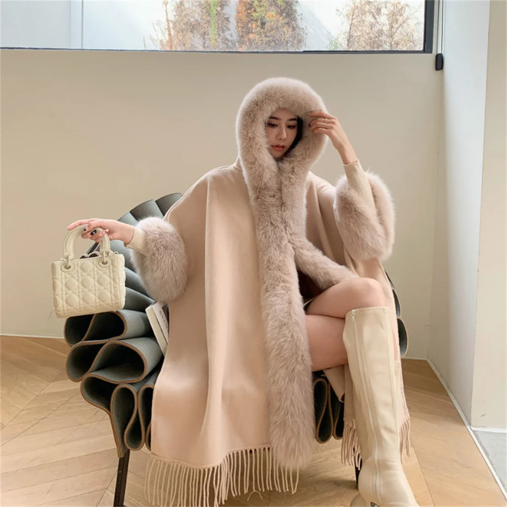 

Winter Warm Woolen Cloak Poncho Streetwear Cappa Women Real Fox Fur Collar Dolman Sleeves Loose Long Cashmere Coat With Hooded