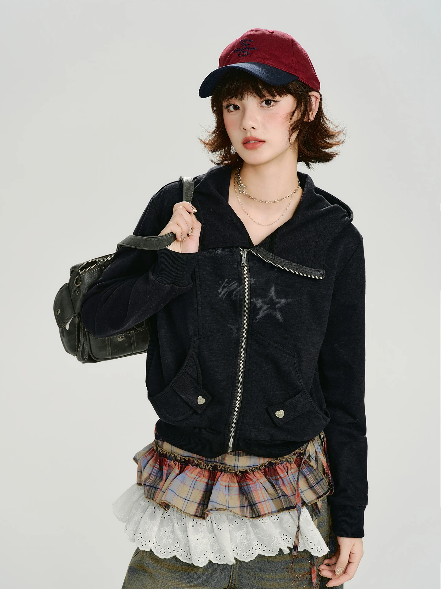 

Girly American Retro Print Hooded ket Design Sweatirt Jaet Women's Spring Autumn Loose Top Casual Sle Zipper Clo...