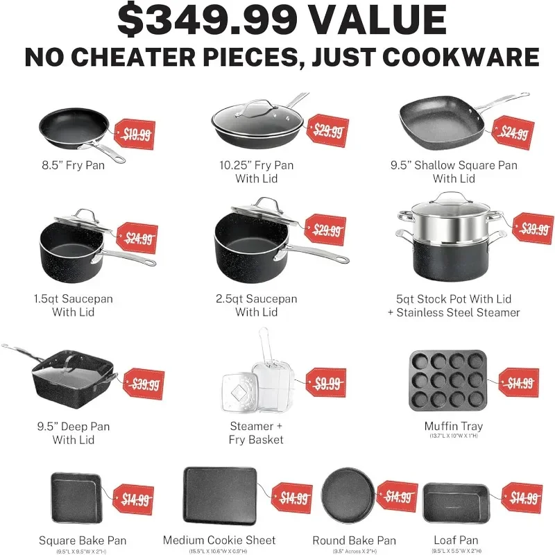 Granitestone True 20 Pc Pots and Pans Set Non Stick Cookware Set with Deep Square Pan and Bakeware Set