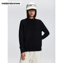 Metersbonwe-Suéter feminino 100% lã com gola redonda, pulôver macio de manga comprida, cor sólida, roupa quente para inverno