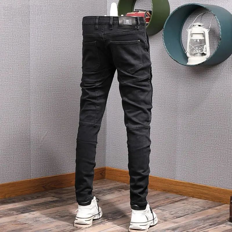 Street Fashion Men Jeans Black Stretch Slim Fit Vintage Casual Denim Jeans Spliced Designer Hip Hop Denim Biker Pants Hombre