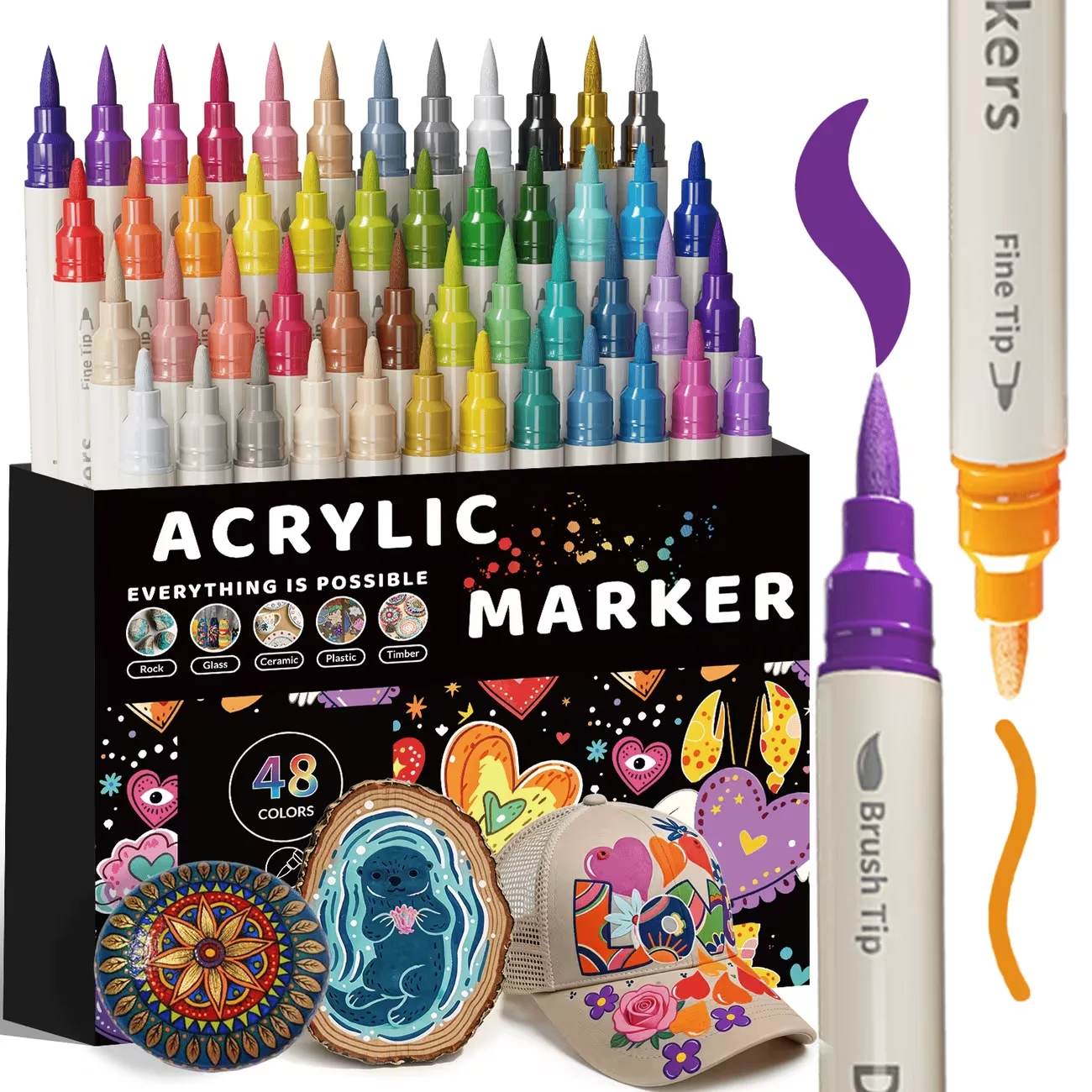 Flysea 24/36/48 Color Dual Tip Acrylic Paint Markers, Water-Based Paint Pens with Fine Tip & Brush Tip for Rock Painting, Wood, Glass, Ceramic, Canvas, DIY Crafts & Art Projects