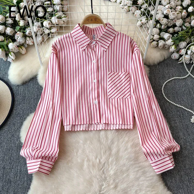 

EWQ Casual Striped Shirt Women Versatile Lapel Collar Long Sleeve Single Breast Loose Fit Fashion Tops Clothing 2024 New 27X518