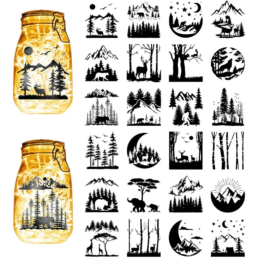 24Pcs Forest Silhouettes Mason Jar Decor Mountain Lantern Laser Cutouts Ornaments Animals Scrapbook for Frosted Glass Wall