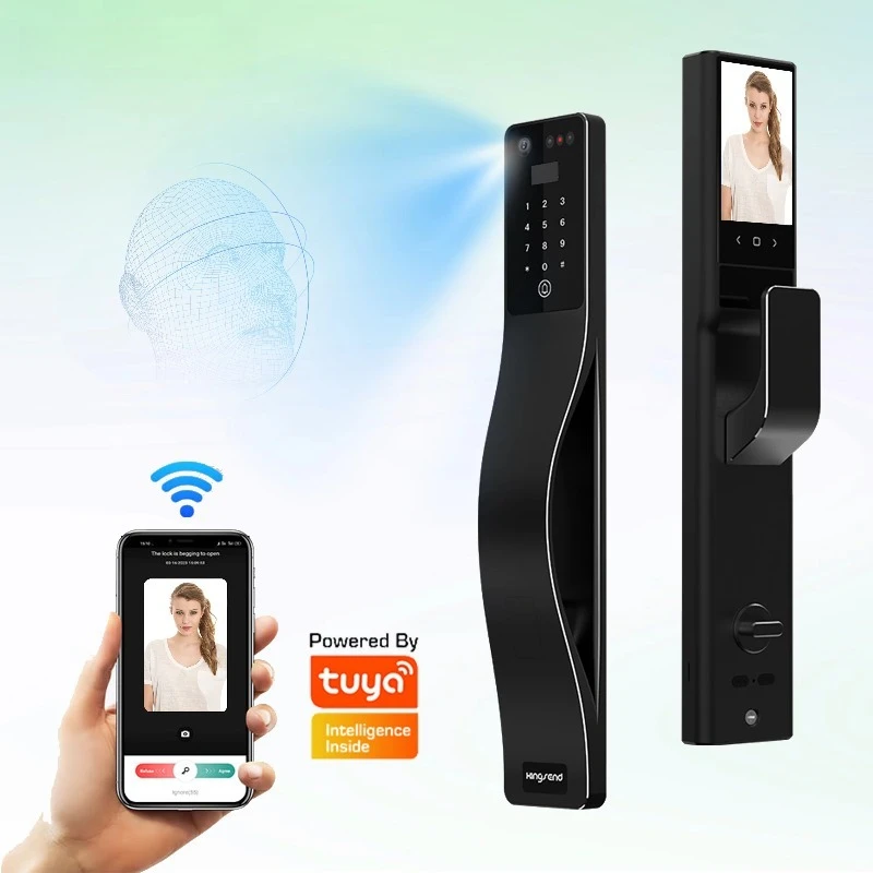 3D Smart Lock with Fingerprint & F Face ID Remote Doorbell Tuya App Door Camera for Wood Door Cloud Data Storage Option