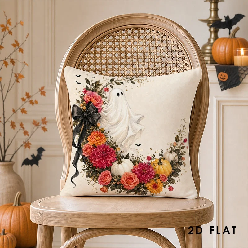 Halloween Decorative Pillowcase Ghost Pumpkin Rose 1PCS Soft Double Sided Print 40x40 45x45 50x50cm Decor Gift,Bow Garland