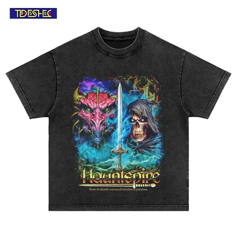 Summer Hip Hop Dragon Pattern Print Harajuku Streetwear Punk Washed Short Sleeve Vintage Loose Cotton Oversized Casual T-Shirt