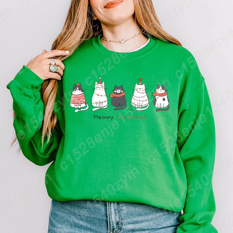 New Fashion Women's Long Sleeve Hoodless Pullovers Christmas Light Cat Meowy Christmas Print Round Neck Outdoor Sweatshirts Tops