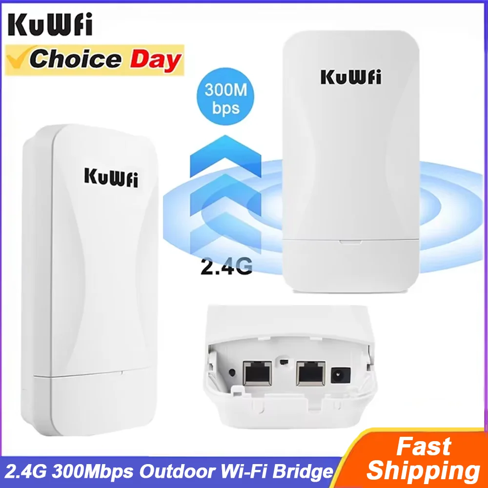 

KuWFi 2.4G Wireless Bridge 300Mbps Outdoor CPE Wi Fi Signal PTP Long Range with 24V PoE Power IP65 Waterproof AP Repeater Mode