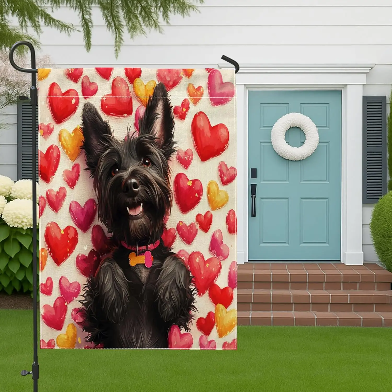 Scottish Terrier Dog Front Yard Backyard Burlap Garden Flags 12x18 Double Sided for Outdoor, Valentine's Day Cute Heart  LLO uui