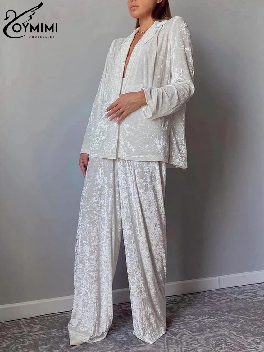 Oymimi inverno sciolto Wthie velluto due pezzi Set donna vestito elegante manica lunga Top pigiama con pantaloni a vita alta Set pigiameria
