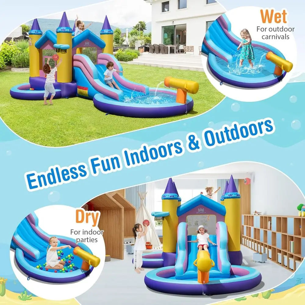 Tobogán de agua Iatable, tobogán de agua 2 en 1 Castle Bounce House con piscina de bolas y piscina contra salpicaduras para diversión al aire libre para niños, Ca hinchable
