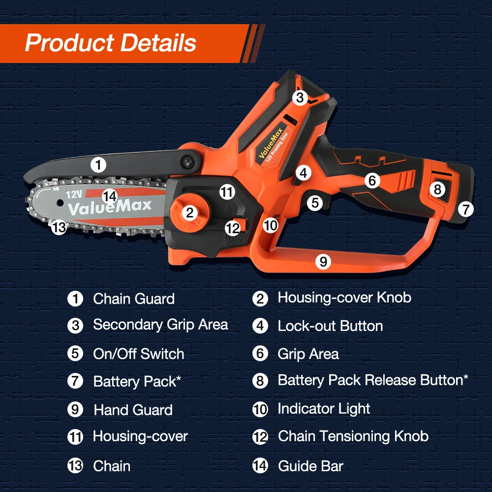 VALUEMAX  12V Electric Chainsaw Portable Mini Pruning Saw Rechargeable Small Wood Spliting Chainsaw Woodworking Tool for Garden