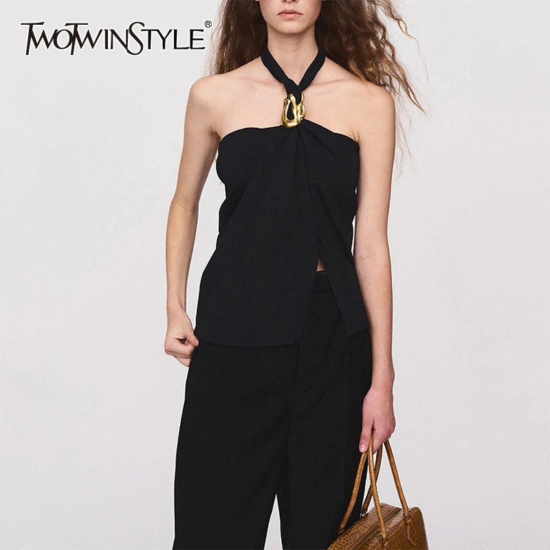 

TWOTWINSTYLE Solid Patchwork Metal Buckle Vests For Women Halter Sleeveless Off Shoulder Slimming Tank Tops Female Fashion New