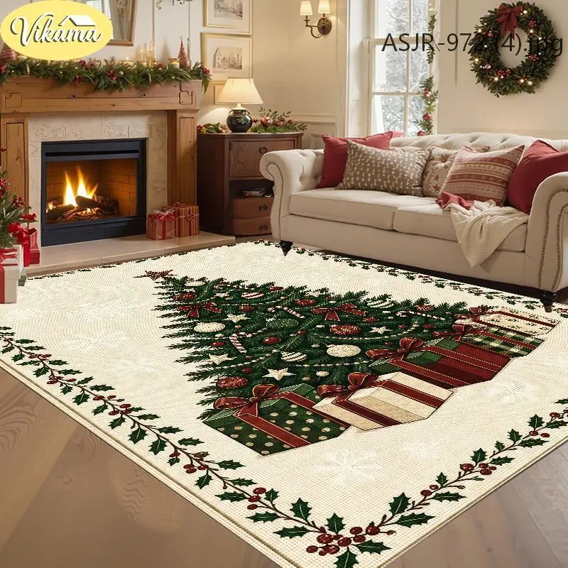 VIKAMA Christmas Tree Gift Box Rug, Easy-To-Clean Living Room Floor Mat, Festive Party Decoration Rug, Home Decoration