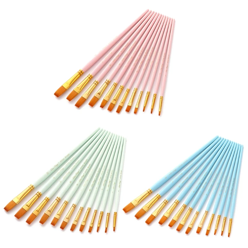 12pcs Nylon Hair Wooden Handle Flat Watercolor Paint Brush Pen Set DIY Oil Acrylic Painting Brushes