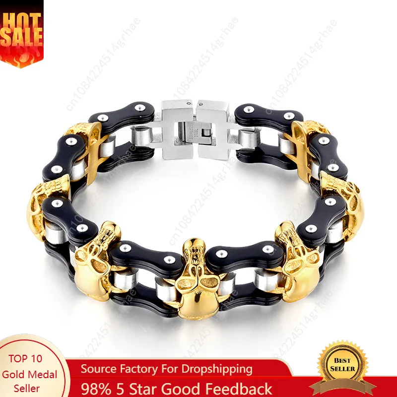 

Heavy 316L Stainless Steel Gold Black color Skull Motorcycle Chain Bracelet Men's Jewelry